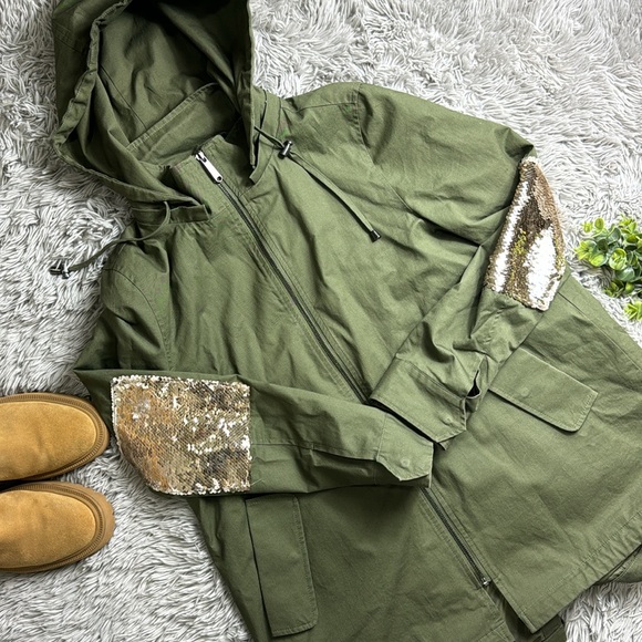 Sam Edelman green with gold sequin elbow anorak jacket size S - Picture 2 of 11